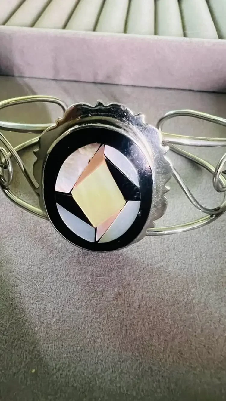 Vintage Silver-Tone Geometric Inlay Cuff Bracelet
